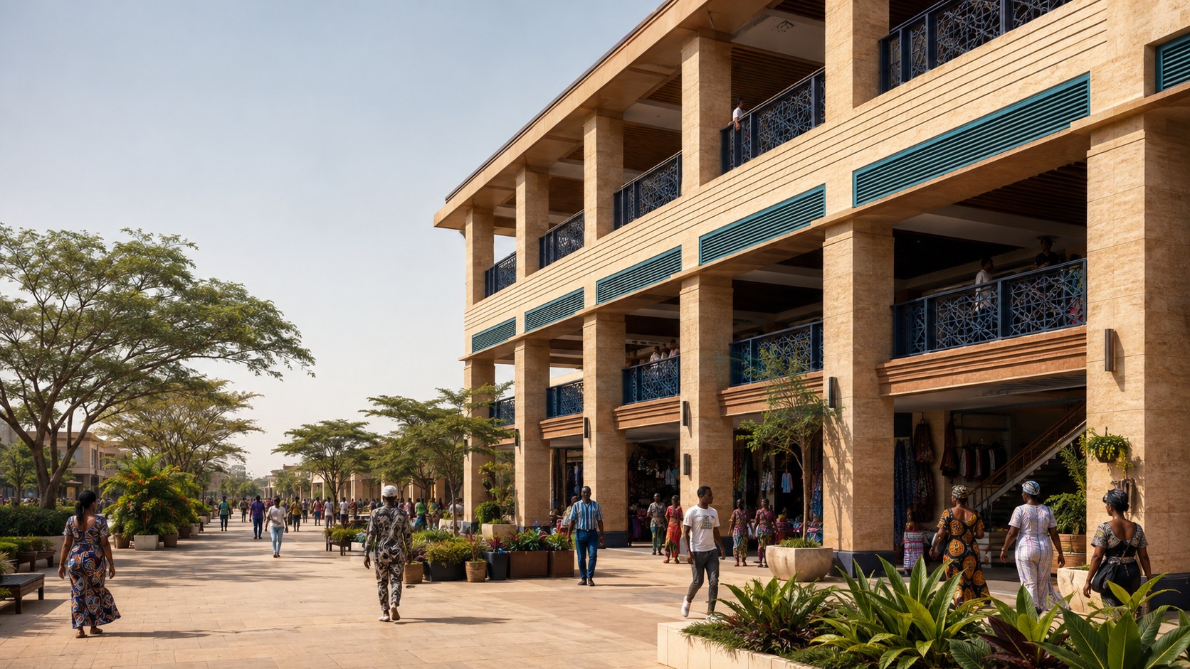Illustrative architectural concept of a modern Nigerian market plaza
